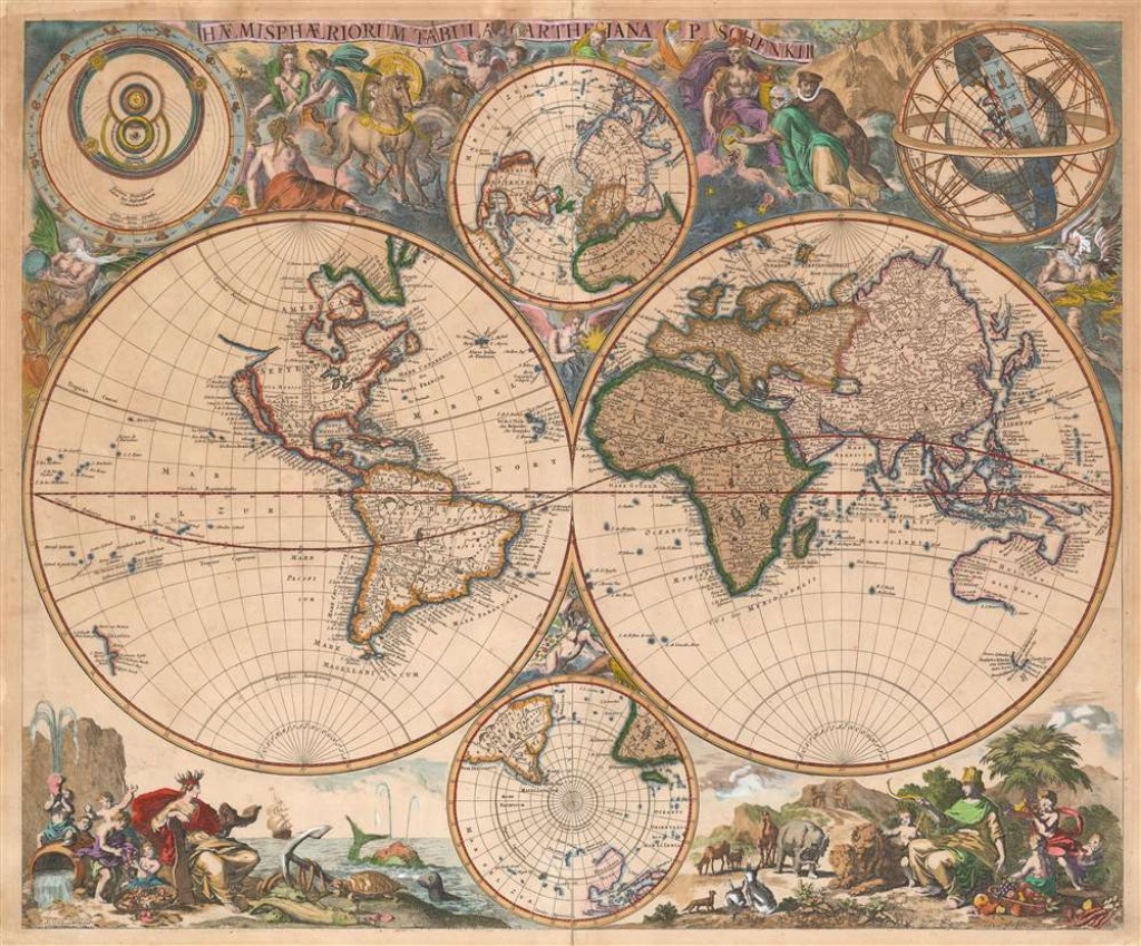 world map by peter schenk the elder - Haemisphaeriorum Tabula Carthesiana P. Schenkii