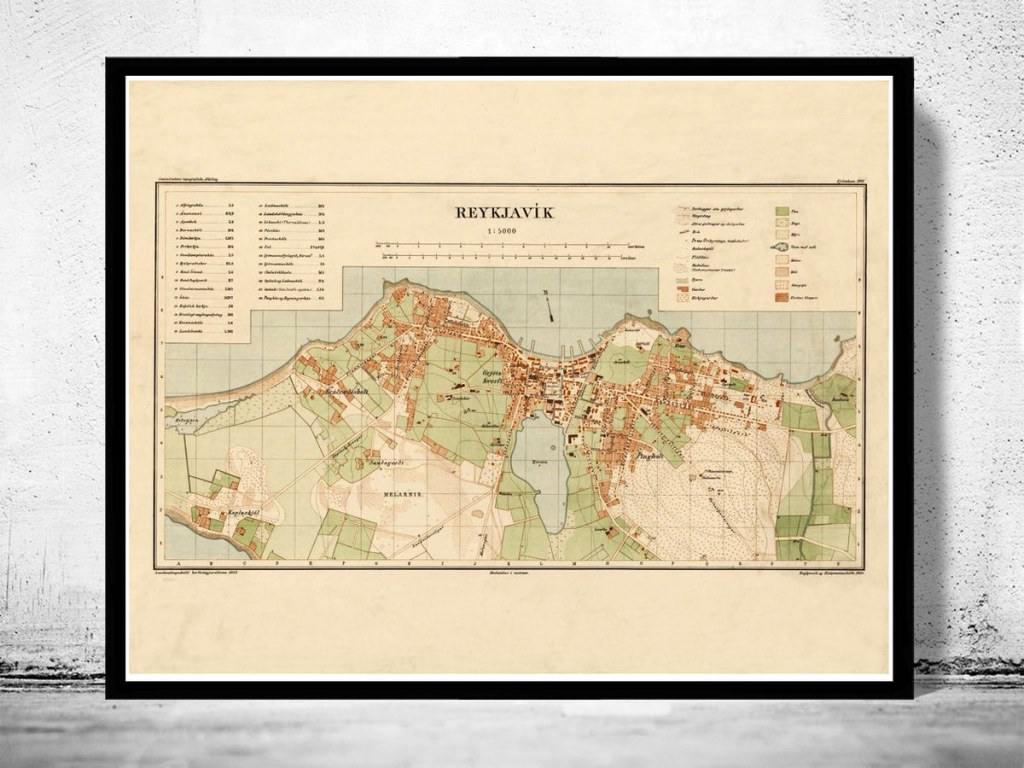 old map of reykjavik iceland islandia vintage map wall map print